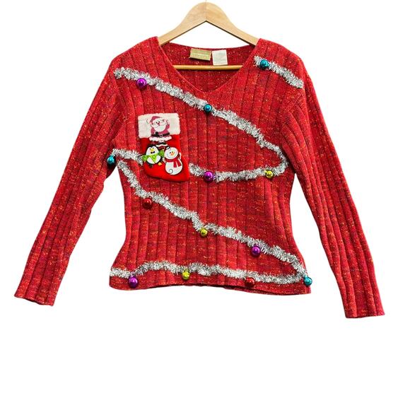 LIZ CLAIBORNE Womens Small Red Multicolor Handmaid Ugly Christmas Sweater V-Neck - Picture 1 of 10